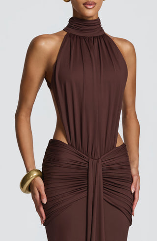 DIA Thekla Maxi Dress Mermaid Train Stretch Jersey Plum Brown