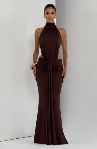 DIA Thekla Maxi Dress Mermaid Train Stretch Jersey Plum Brown