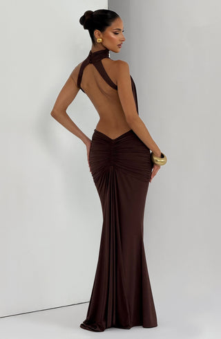 DIA Thekla Maxi Dress Mermaid Train Stretch Jersey Plum Brown