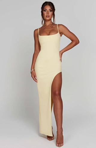 C.F Tiarne Maxi Dress Double-Layered Premium Crepe Side Slit Lemon