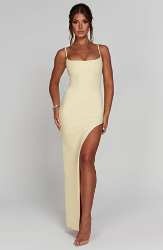 C.F Tiarne Maxi Dress Double-Layered Premium Crepe Side Slit Lemon