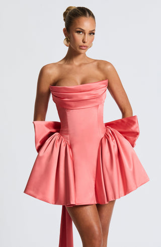 R.F Trinity Mini Dress Stretch Satin Corset Bodice Coral Pink