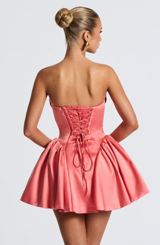 R.F Trinity Mini Dress Stretch Satin Corset Bodice Coral Pink