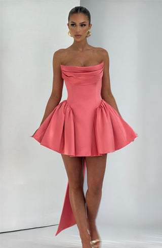 R.F Trinity Mini Dress Stretch Satin Corset Bodice Coral Pink