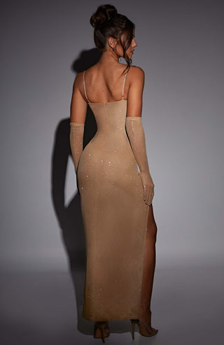 L.F Trixie Maxi Dress Gold Sparkle Strapless Thigh-Split