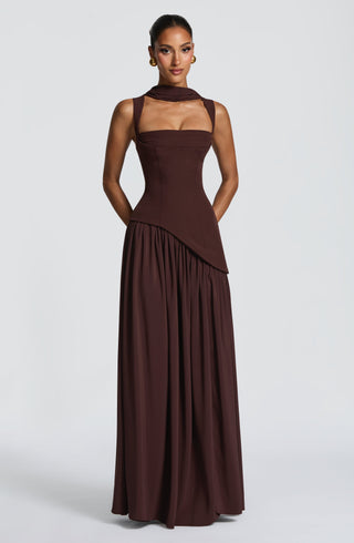 DIA Tullulah Maxi Dress Crepe Bodice Chiffon Skirt Plum Brown