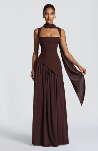 DIA Tullulah Maxi Dress Crepe Bodice Chiffon Skirt Plum Brown