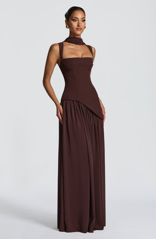 DIA Tullulah Maxi Dress Crepe Bodice Chiffon Skirt Plum Brown