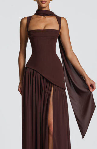 DIA Tullulah Maxi Dress Crepe Bodice Chiffon Skirt Plum Brown