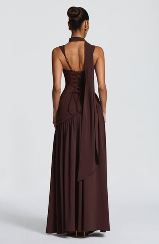 DIA Tullulah Maxi Dress Crepe Bodice Chiffon Skirt Plum Brown