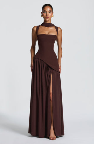 DIA Tullulah Maxi Dress Crepe Bodice Chiffon Skirt Plum Brown