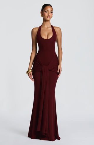 L.F Veneda Maxi Dress Modal Jersey Plunge Neckline Cherry Lacquer
