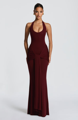 L.F Veneda Maxi Dress Modal Jersey Plunge Neckline Cherry Lacquer