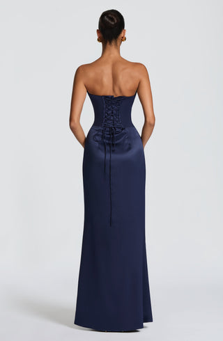 M.T Vessa Maxi Dress Satin Strapless Corset Navy