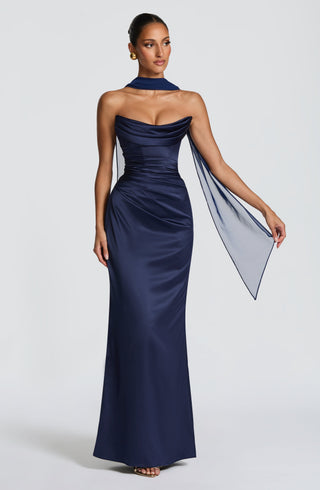 M.T Vessa Maxi Dress Satin Strapless Corset Navy