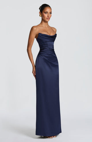 M.T Vessa Maxi Dress Satin Strapless Corset Navy