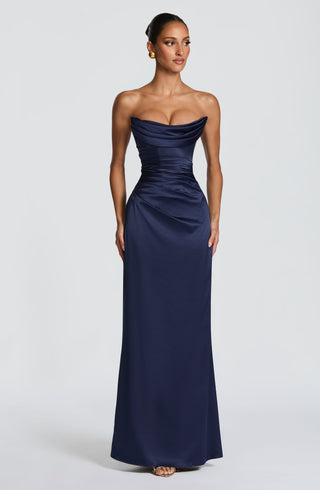M.T Vessa Maxi Dress Satin Strapless Corset Navy