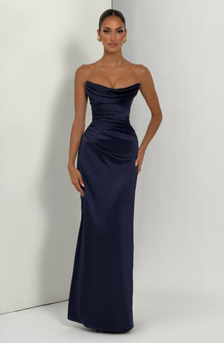 M.T Vessa Maxi Dress Satin Strapless Corset Navy