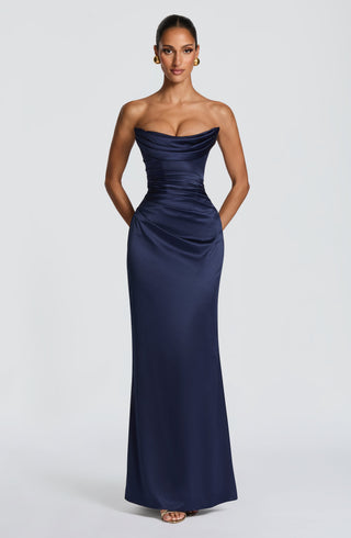 M.T Vessa Maxi Dress Satin Strapless Corset Navy