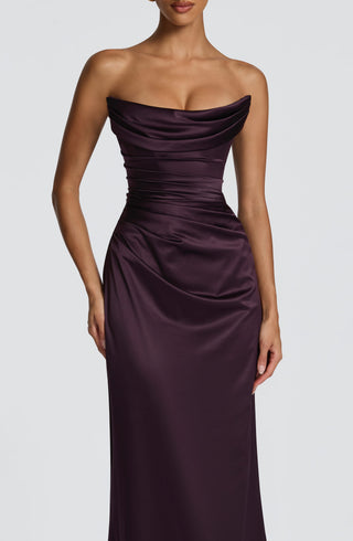 M.T Vessa Maxi Dress Satin Corset Strapless Plum