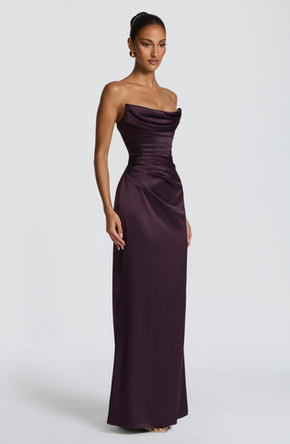 M.T Vessa Maxi Dress Satin Corset Strapless Plum