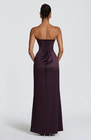 M.T Vessa Maxi Dress Satin Corset Strapless Plum