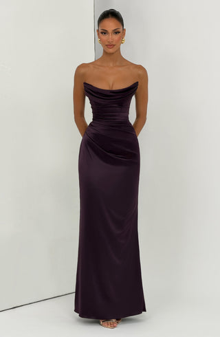M.T Vessa Maxi Dress Satin Corset Strapless Plum