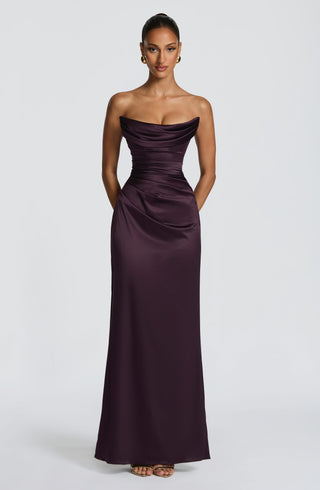 M.T Vessa Maxi Dress Satin Corset Strapless Plum