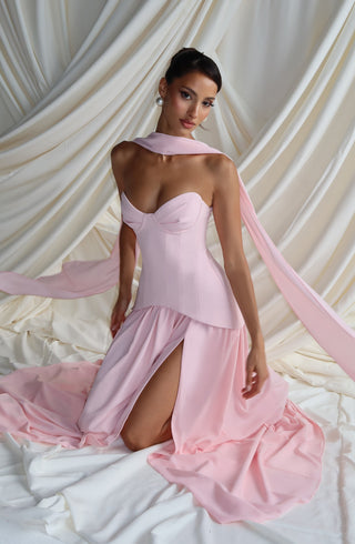 R.F Vietta Maxi Dress Crepe Corset Thigh Split Blush