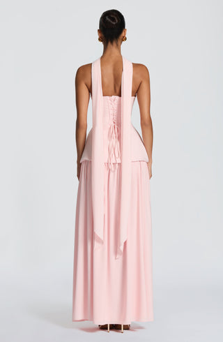 R.F Vietta Maxi Dress Crepe Corset Thigh Split Blush