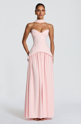 R.F Vietta Maxi Dress Crepe Corset Thigh Split Blush