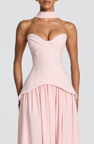 R.F Vietta Maxi Dress Crepe Corset Thigh Split Blush