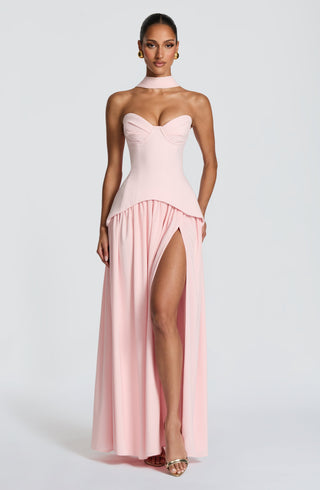 R.F Vietta Maxi Dress Crepe Corset Thigh Split Blush