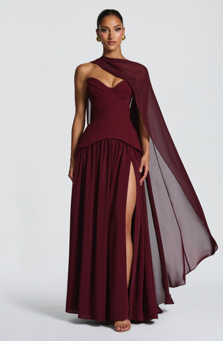 R.F Vietta Maxi Dress Strapless Crepe Cherry Lacquer