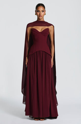 R.F Vietta Maxi Dress Strapless Crepe Cherry Lacquer