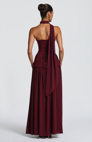 R.F Vietta Maxi Dress Strapless Crepe Cherry Lacquer