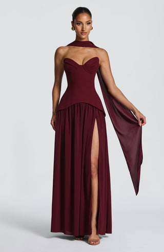 R.F Vietta Maxi Dress Strapless Crepe Cherry Lacquer