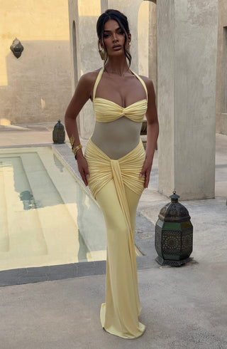 DIA Vixen Maxi Dress Sweetheart Neckline Mesh Bodice Lemon