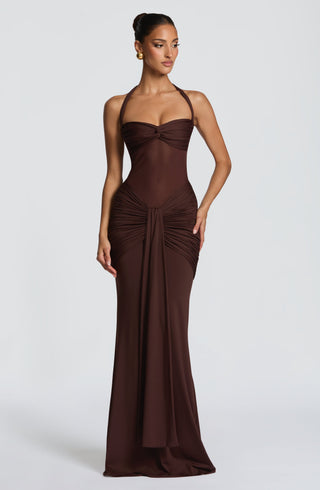 DIA Vixen Maxi Dress Sheer Mesh Sweetheart Twist Plum Brown