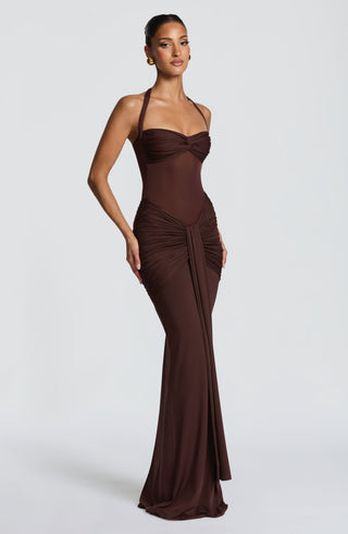 DIA Vixen Maxi Dress Sheer Mesh Sweetheart Twist Plum Brown