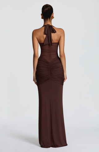 DIA Vixen Maxi Dress Sheer Mesh Sweetheart Twist Plum Brown
