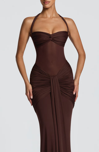 DIA Vixen Maxi Dress Sheer Mesh Sweetheart Twist Plum Brown