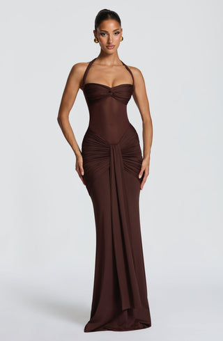 DIA Vixen Maxi Dress Sheer Mesh Sweetheart Twist Plum Brown