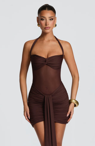 DIA Vixen Mini Dress Ruched Stretch Slinky Jersey Plum Brown