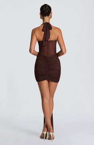 DIA Vixen Mini Dress Ruched Stretch Slinky Jersey Plum Brown