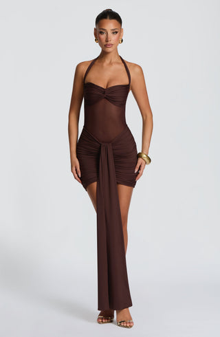 DIA Vixen Mini Dress Ruched Stretch Slinky Jersey Plum Brown