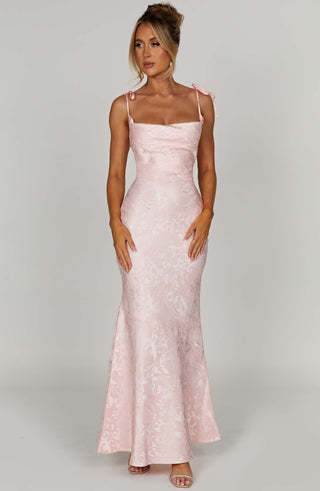 K.Y Whitney Maxi Dress Floral Jacquard Bias Cut Blush