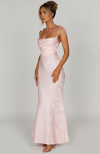 K.Y Whitney Maxi Dress Floral Jacquard Bias Cut Blush