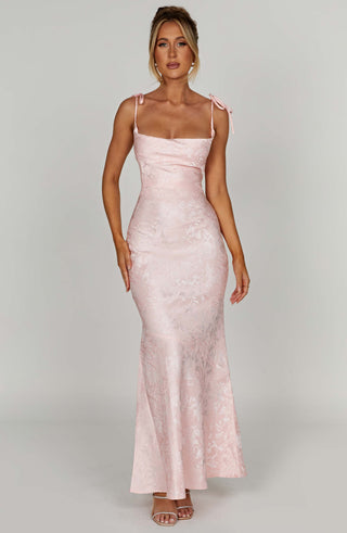 K.Y Whitney Maxi Dress Floral Jacquard Bias Cut Blush