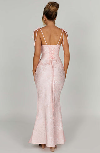 K.Y Whitney Maxi Dress Floral Jacquard Bias Cut Blush